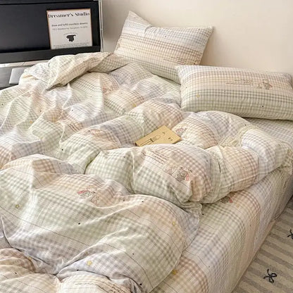 Plaid cream and charcoal cotton grid bedding set with soft cream and beige checkered duvet and delicate embroidery