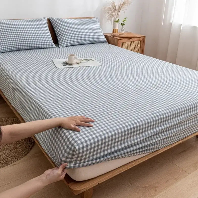 Plaid green and beige cotton fitted sheet with gray and white checkered pattern and snug elasticated edge decorbites cotton fitted sheet