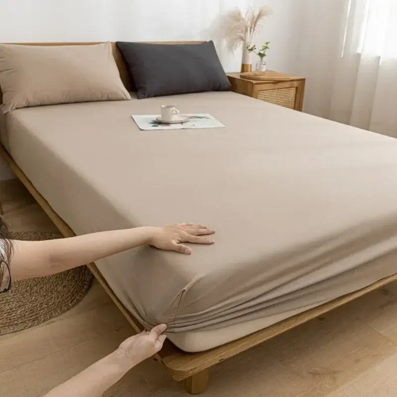 Beige stretchy decorbites cotton fitted sheet with smooth fitted design for bedroom use