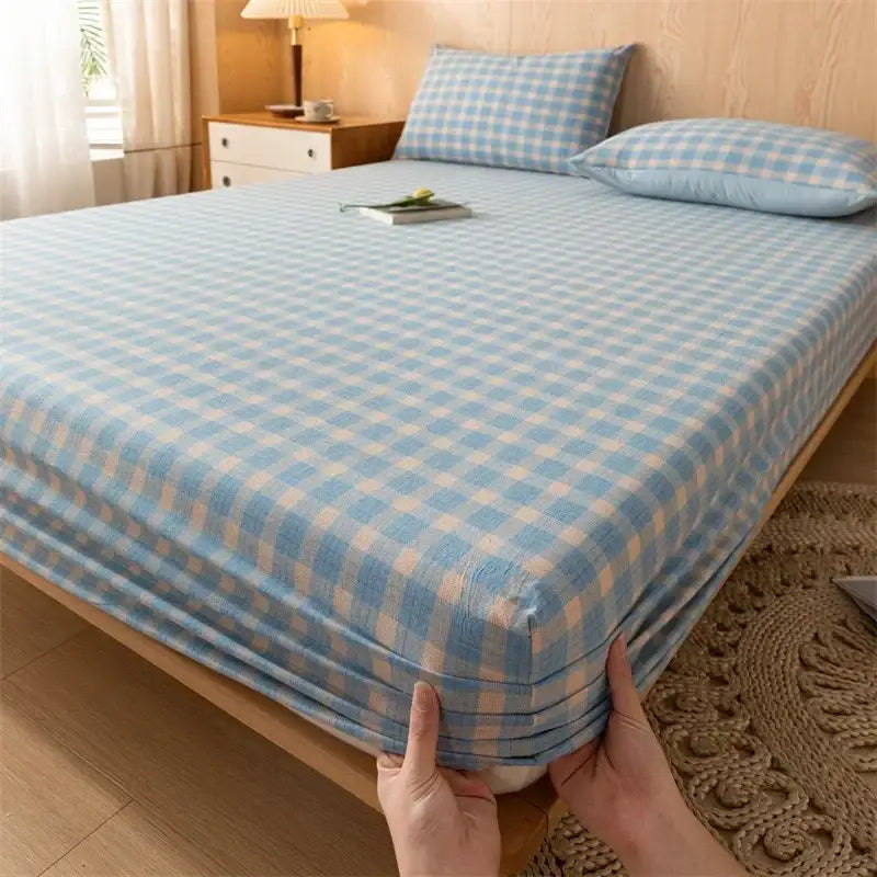 Light blue and white checkered decorbites cotton fitted sheet with soft textured fabric finish for bedroom use