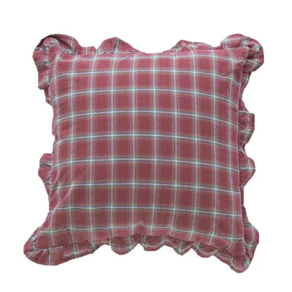 Square soft dusty rose plaid cotton coffee black cushion cover with ruffled edges for living room decorbites decor