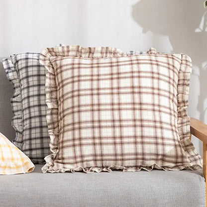 Beige and brown plaid cotton coffee black cushion cover with ruffled edges for living room decorbites decor