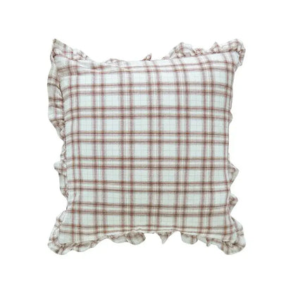 A square cotton coffee black cushion cover with soft light blue and brown plaid pattern and ruffled trim decorbites decor