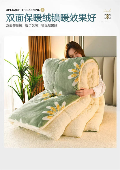 A soft double-sided green and cream floral plaid super thick warm blanket with plush milk fleece for winter and autumn use