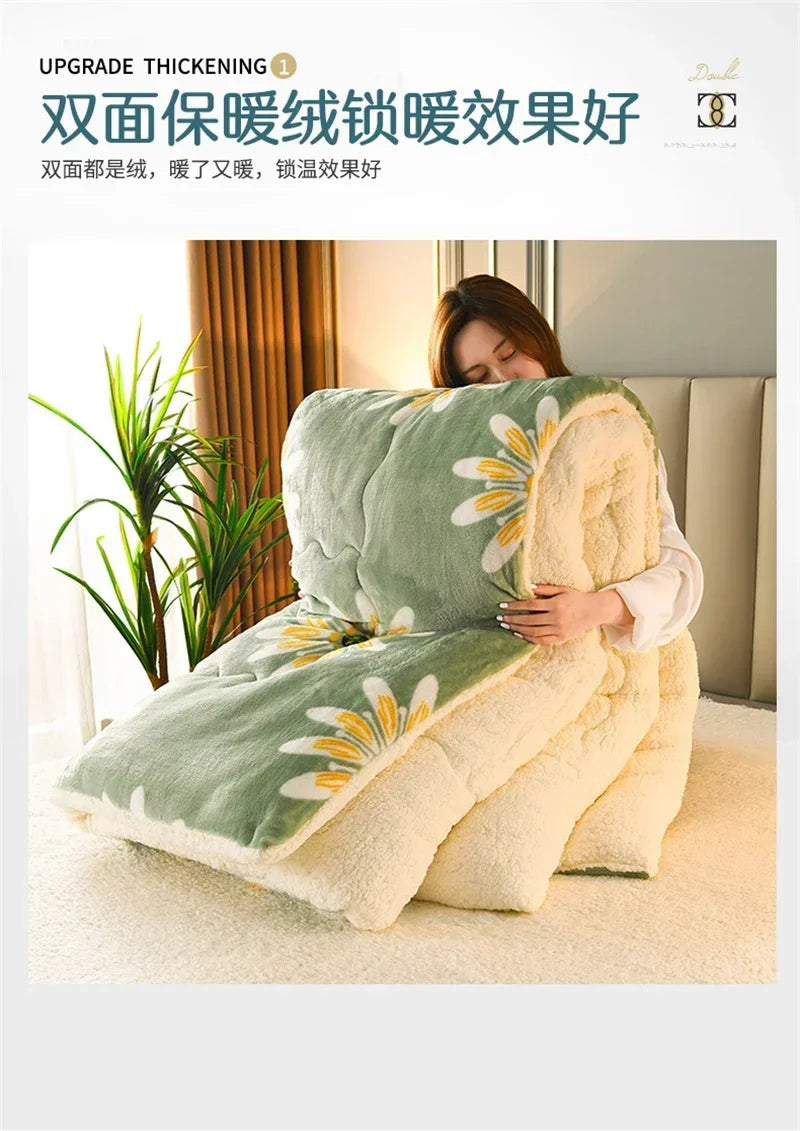 A soft double-sided green and cream floral plaid super thick warm blanket with plush milk fleece for winter and autumn use