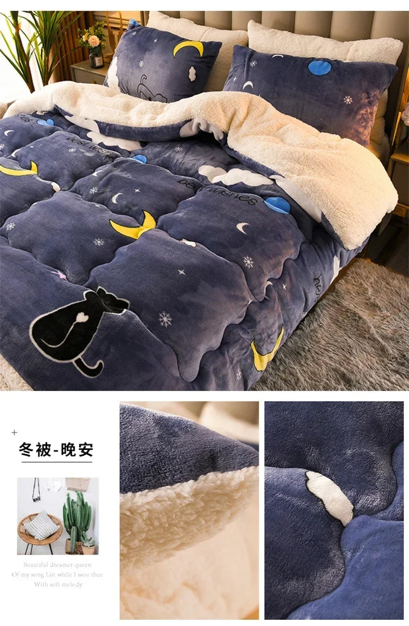 Dark blue plush quilt with soft fleece lining featuring black cat silhouettes, moons, snowflakes, and stars for warmth