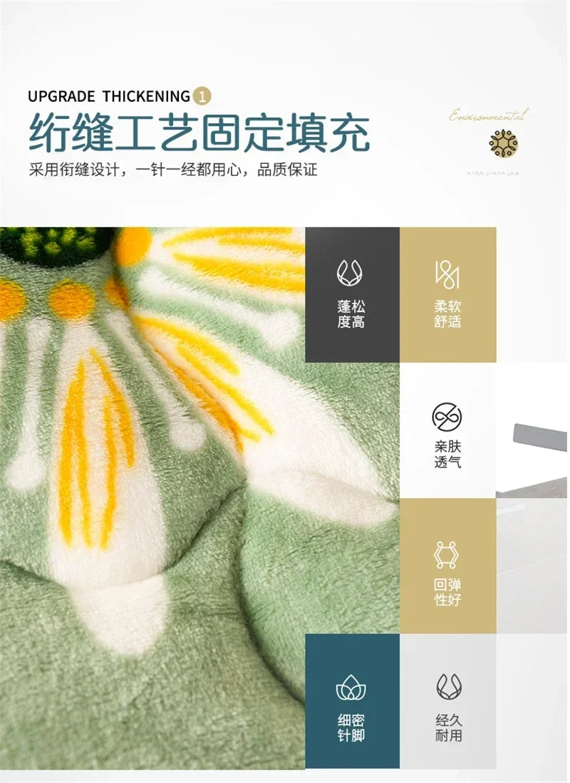 A plush green super thick warm fleece blanket with soft white and yellow embroidered floral pattern for winter use