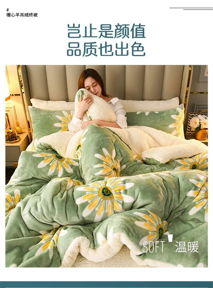 A cozy green and cream-colored fleece blanket with a daisy pattern designed for warmth and softness in autumn and winter