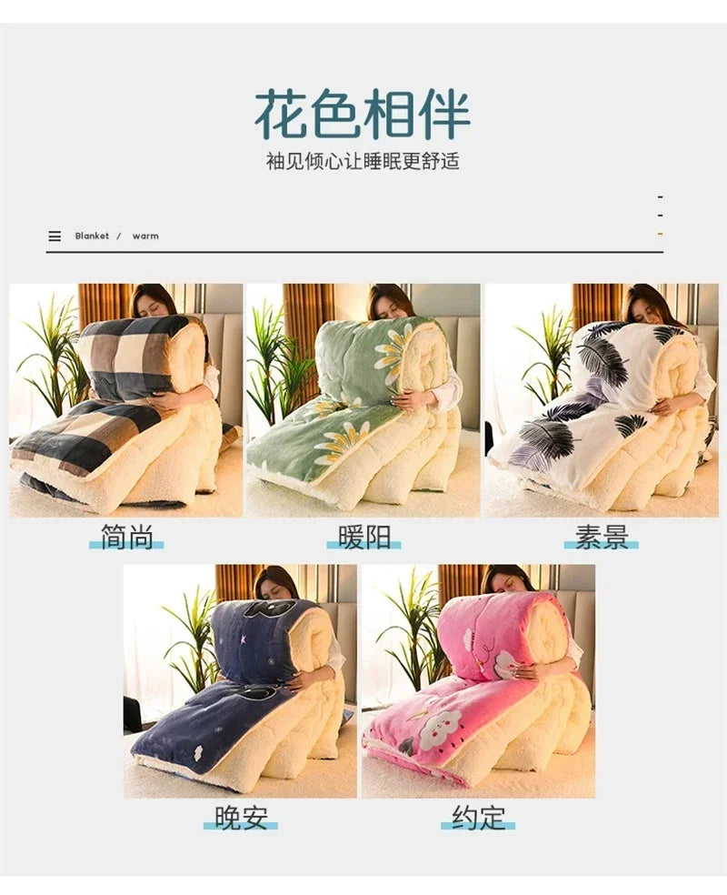 Plaid super thick warm blanket with cream fleece interior and patterned exterior for winter and autumn warmth