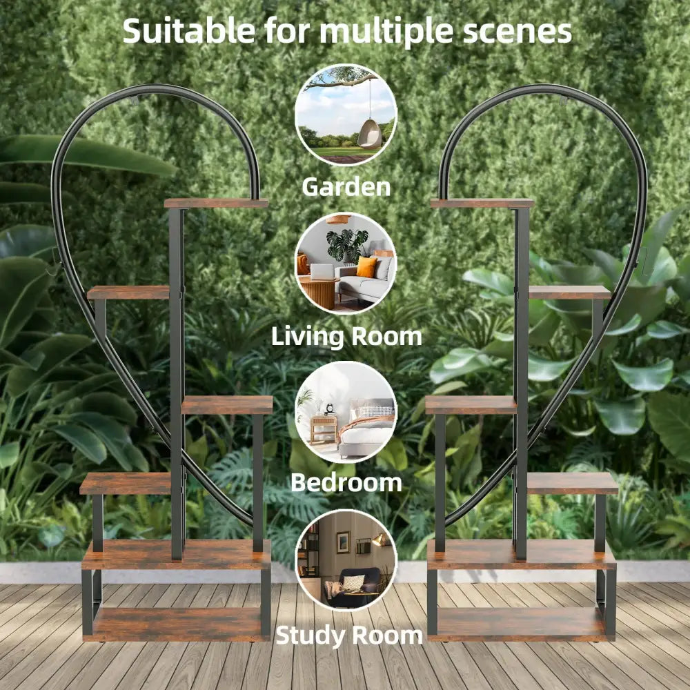 Decorbites™ 6-tier heart shaped plant display stand with rustic brown wooden shelves and black wrought iron frame