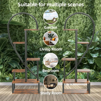 Decorbites™ 6-tier heart shaped plant display stand with rustic brown wooden shelves and black wrought iron frame