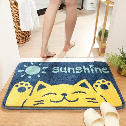 Playful gray lion and rainbow cartoon animal bath rug featuring a cheerful yellow cat and sun for decorbites cartoon animal bathroom decor