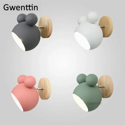 Playful pastel cartoon mouse wall lamp with wooden backplates in soft matte gray, perfect wall lamp decorbites cartoon mouse design