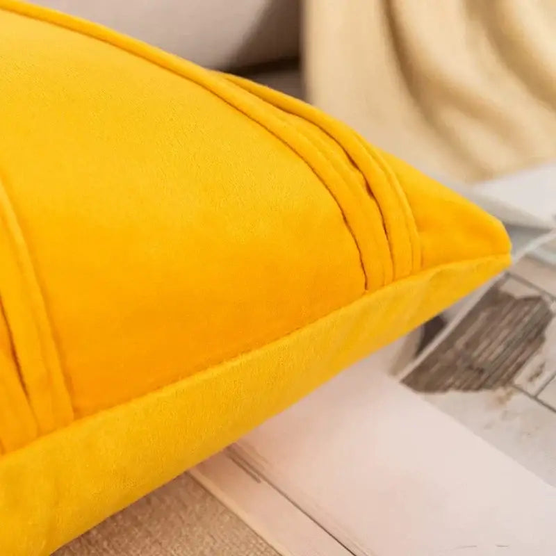 Vibrant mustard yellow short wool velvet pillowcase with subtle pleated edge detailing for living room decorbites knit short