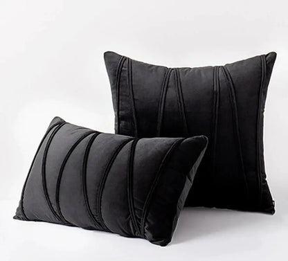Black velvet throw pillows with vertical pleated detailing complement decorbites knit short wool velvet living room decor