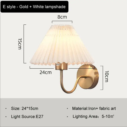 Gold-finished e-style wall lamp with pleated white cloth lampshade led decorbites cloth lampshade for bedroom living room