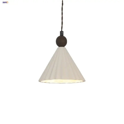 Pleated white fabric pendant light with dark brown twisted cord and ceramic wood fixture for decorbites ceramic wood pendant decor