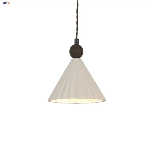 Pleated white fabric pendant light with dark brown twisted cord and ceramic wood fixture for decorbites ceramic wood pendant decor