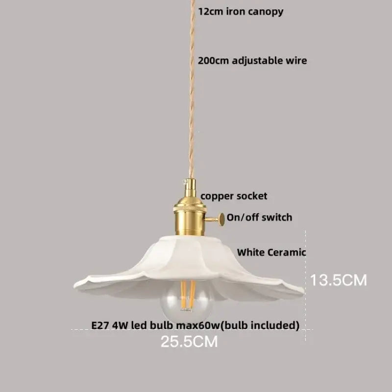 Pleated white ceramic wood pendant light with fluted petal design and brass-colored copper socket for decorbites ceramic wood decor