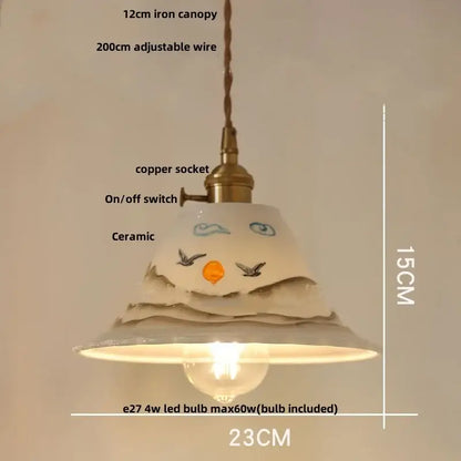 A charming pleated white fabric pendant light with hand-painted ceramic wood pendant decorbites ceramic wood design