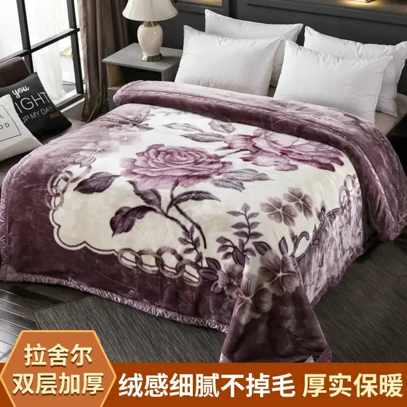 Plush black and white chevron winter raschel blanket with a soft purple and cream floral patterned throw decorbites winter raschel