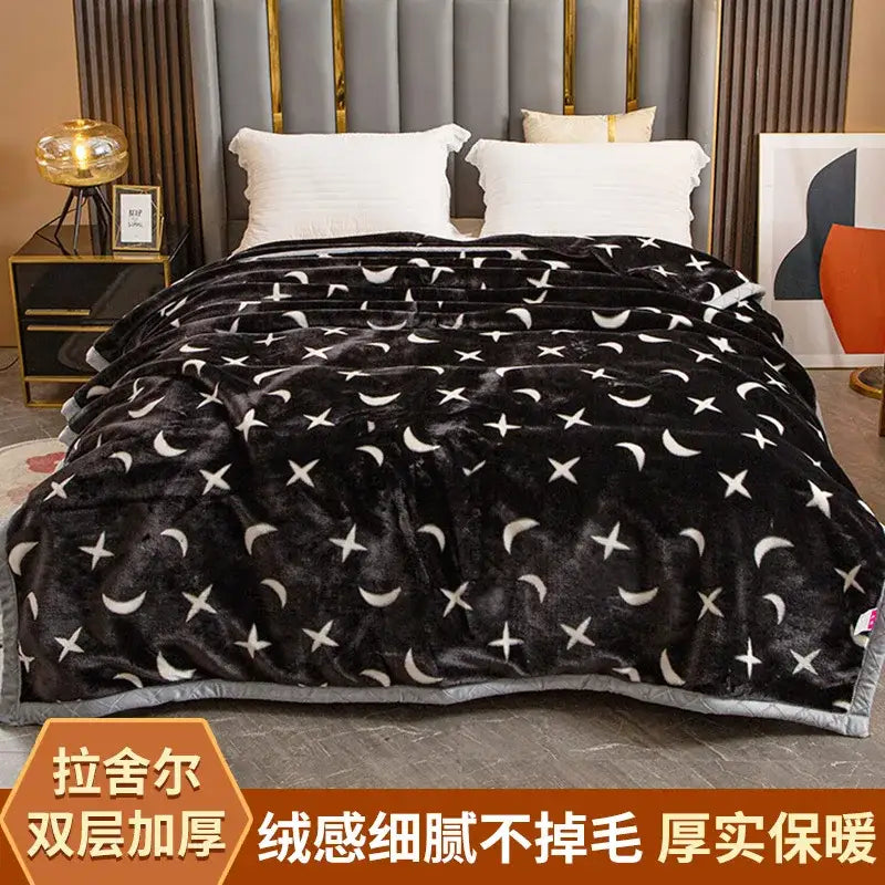 Black plush raschel blanket with white crescent moon and star pattern decorbites winter raschel bedroom throw