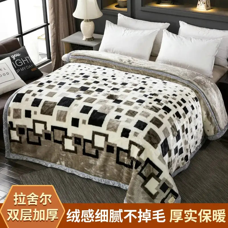 Cream-colored plush raschel blanket with black and brown geometric squares and gray border for winter decorbites winter raschel