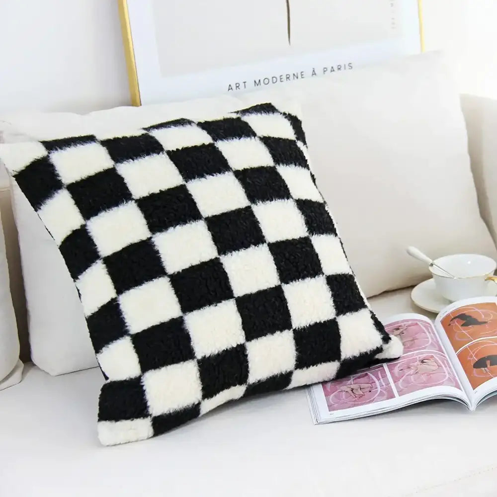 Plush black and white houndstooth cushion cover with soft fuzzy texture for bedroom decorbites houndstooth cushion