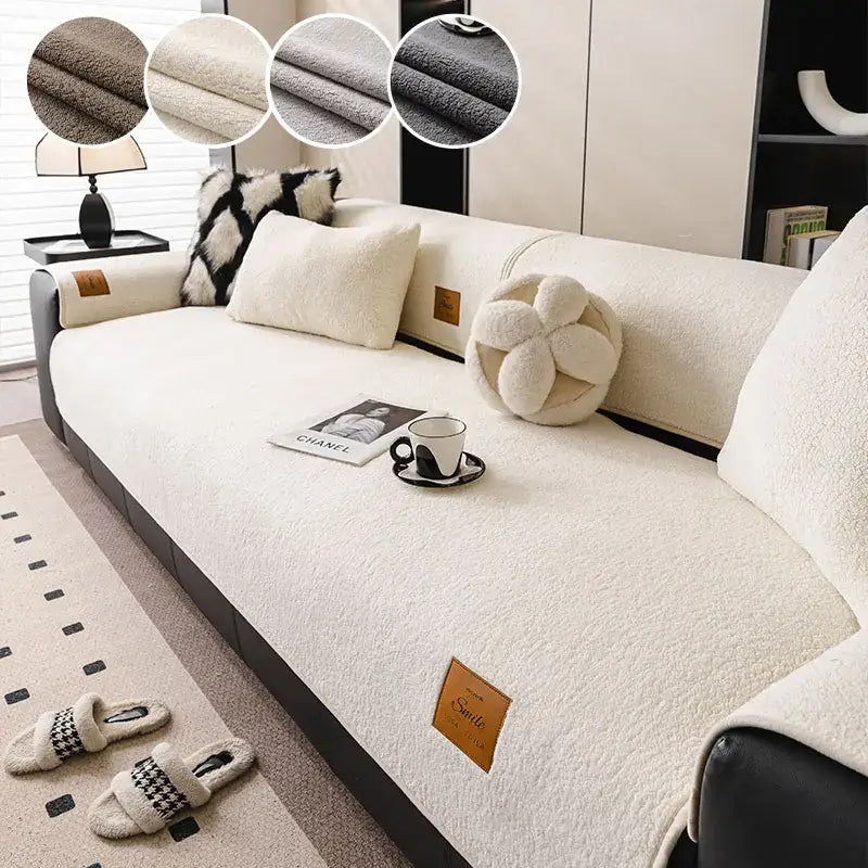 Cream-colored plush sofa cover with soft textured fleece and subtle brown leather-like patches for living room use