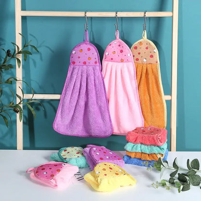Plush colorful pink and purple fruit-patterned coral velvet hand towel with soft terry cloth texture for kitchen decorbites coral velvet hand