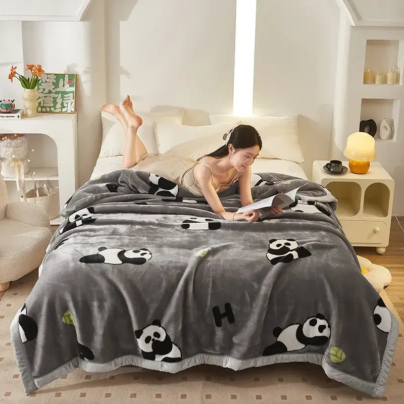 Gray plush double layer raschel blanket with black and white panda illustrations and green tennis balls soft texture