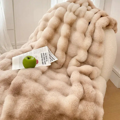 A plush cream double layer faux fur throw blanket with chunky knit texture from decorbites gradient pink collection