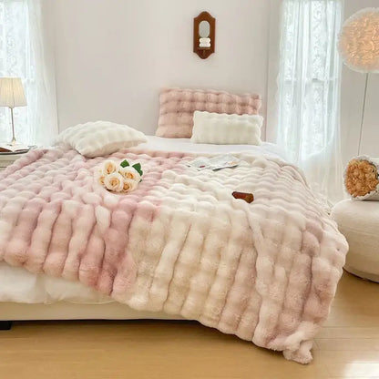 A plush cream and gradient pink double layer knitted throw blanket with soft textured surface for decorbites gradient pink decor