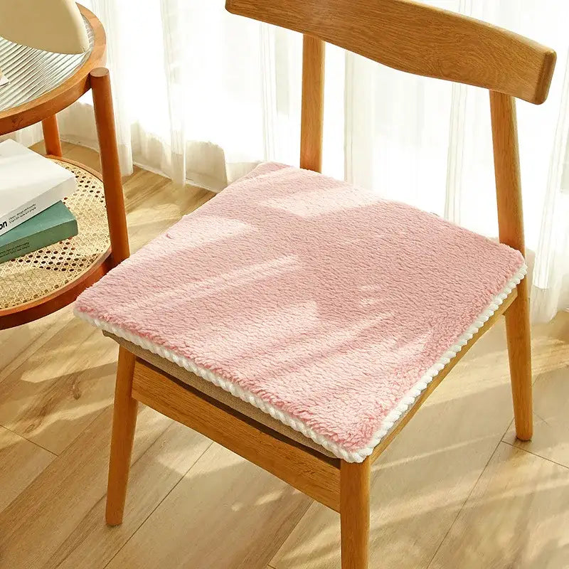 Pink plush lambs wool chair cushion with white crocheted border for dining room decorbites cozy comfort