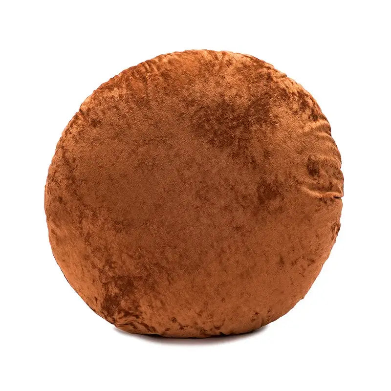 A plush round pillow cover in dark grain brown velvet fabric ideal for living room decor