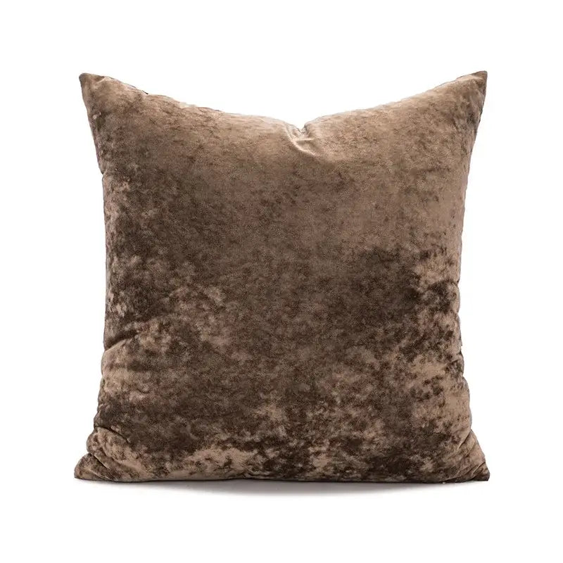 A square plush dark grain velvet pillow cover in taupe with a mottled texture and soft sheen for living room decor