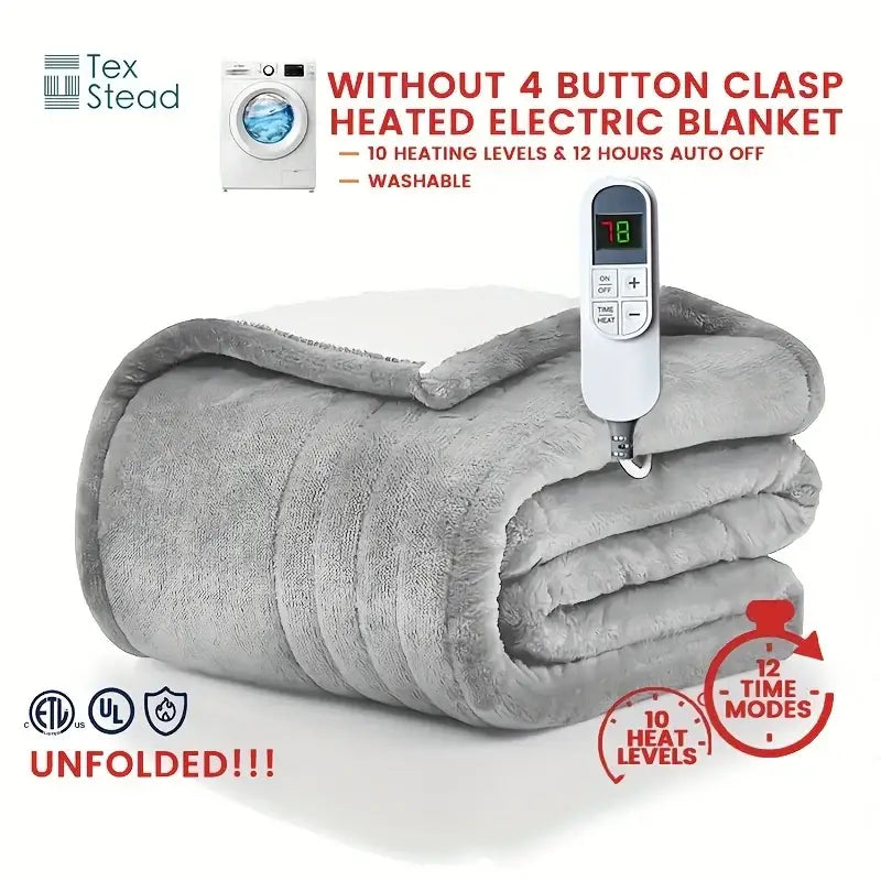 Gray plush electric heated blanket with white remote control displaying 18 for bedroom use with auto shutoff