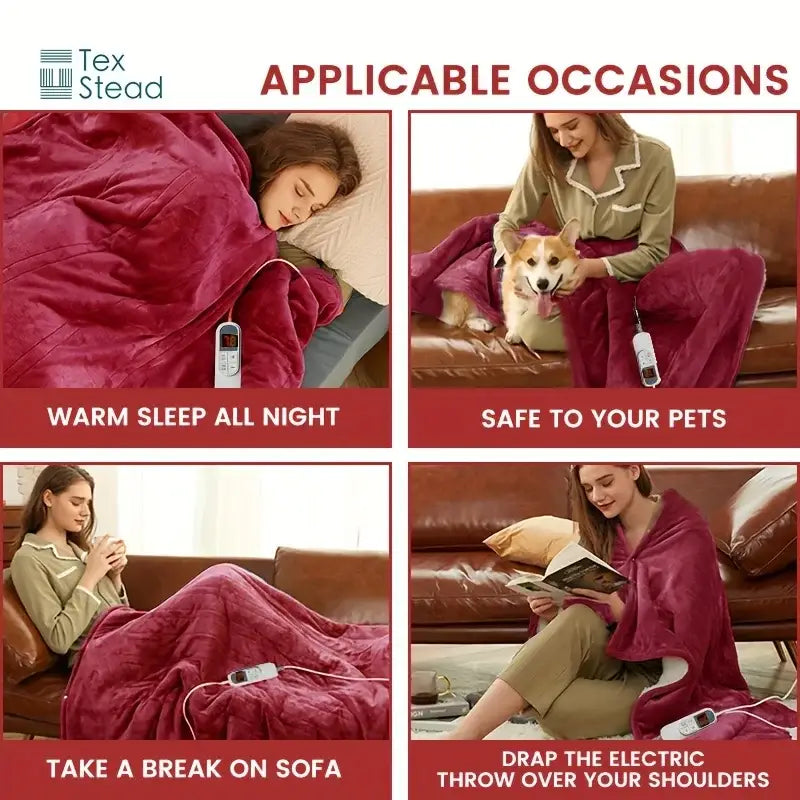 A plush deep maroon electric heated blanket with soft fleece texture and integrated control for adjustable warmth
