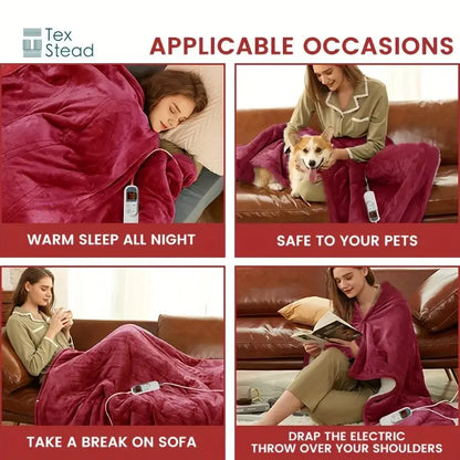 A plush deep maroon electric heated blanket with soft fleece texture and integrated control for adjustable warmth