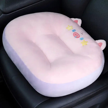 Pink plush car seat cushion with embroidered cat face and lavender trim for kids room cat shark cushion seating pad