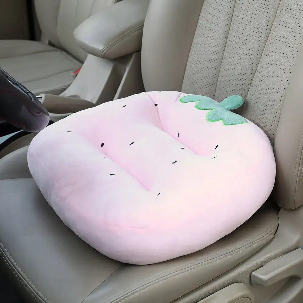 Plush gray cat shark cushion with pink strawberry shaped seat pad featuring green leafy top and black seed details