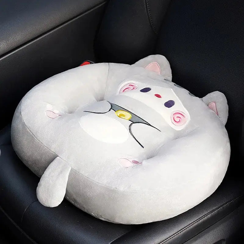 Plush gray cat shark cushion made of soft plush with embroidered pink and white features for kids room seat pad