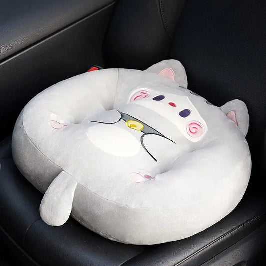 Plush gray cat shark cushion made of soft plush with embroidered pink and white features for kids room seat pad