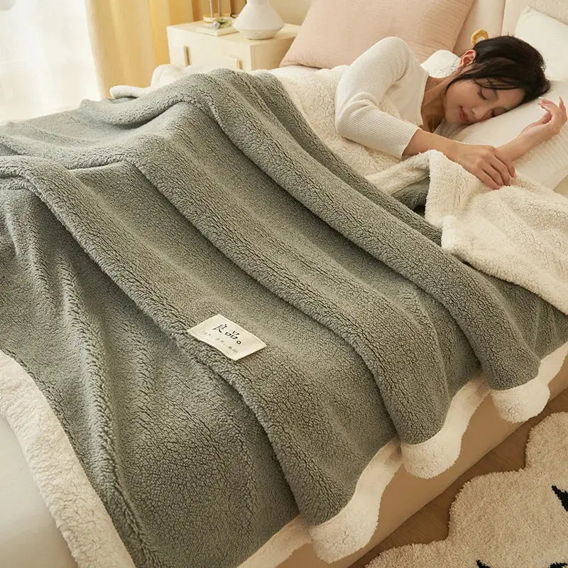Soft olive green coral fleece blanket with cream fleece border and white label by decorbites coral fleece for cozy decor