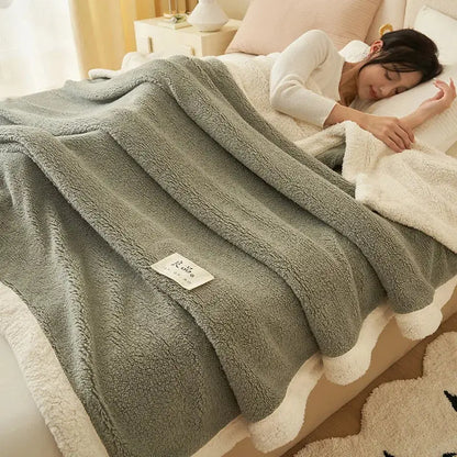 Soft olive green coral fleece blanket with cream fleece border and white label by decorbites coral fleece for cozy decor