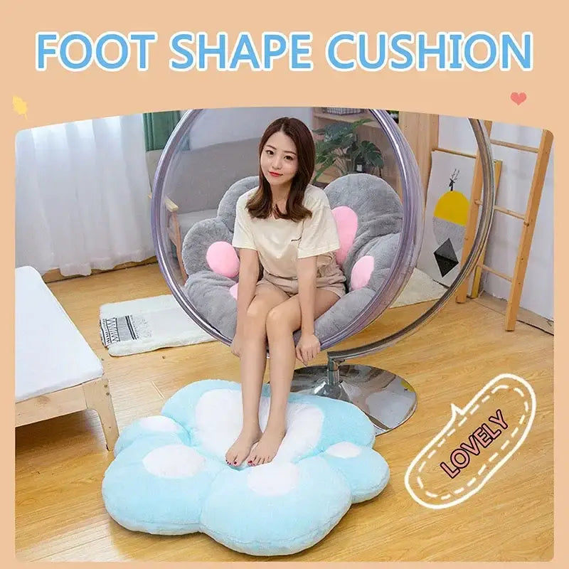 Light blue and white foot-shaped plush cushion with soft texture for cat paw chair bedroom decorbites cat paw style