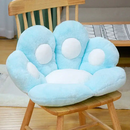 Light blue plush cat paw chair cushion with white accents designed for comfortable bedroom decorbites cat paw seating
