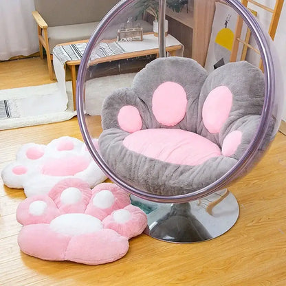 Plush gray and pink cat paw chair with a transparent spherical frame for bedroom decor by decorbites cat paw