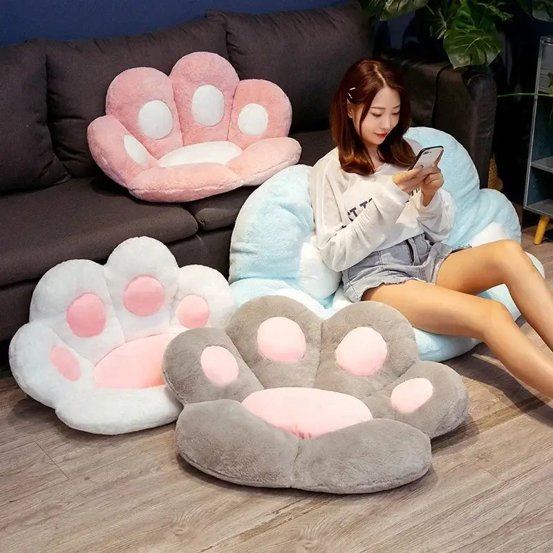 Plush gray and pink cat paw chair floor cushions with embroidered pink pads for bedroom decorbites cat paw decor