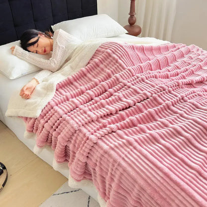 Plush pink throw blanket with ribbed texture and white fleece lining by decorbites cozy lamb wool for bedroom comfort